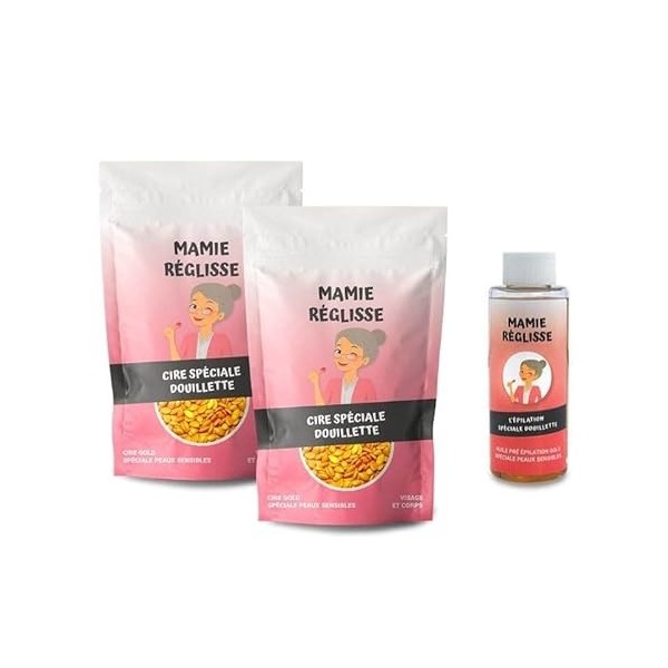 Pack Épilation Gold Spécial Peaux Sensibles Mamie Réglisse – 2 Sachet de Cire Épilation Gold 200g – 1 Lotion Pré-épilation 10