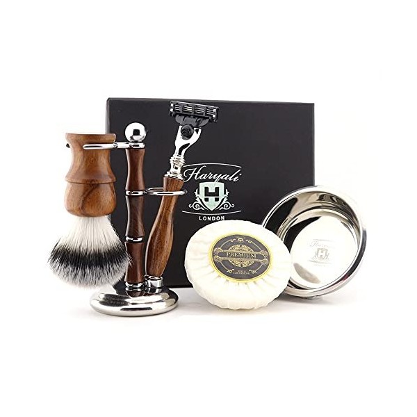 Haryali London Kit de rasage - 5 pièces - Durable - Rasoir à 3 lames - Blaireau en bois - Support en bois - Savon à raser - C