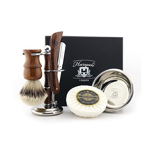 Haryali London Kit de rasage - 5 pièces en bois - Durable - Ensemble blaireau de rasage - Blaireau à pointe argentée - Rasoir