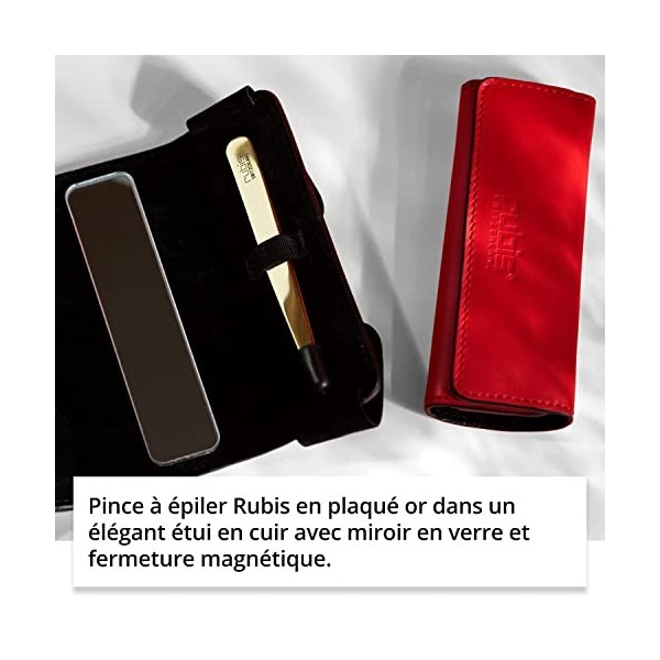 Rubis Pince à épiler or - Pinces à sourcils obliques en cuir rouge - Avec miroir cosmétique petit pour le sac à main - Pointe