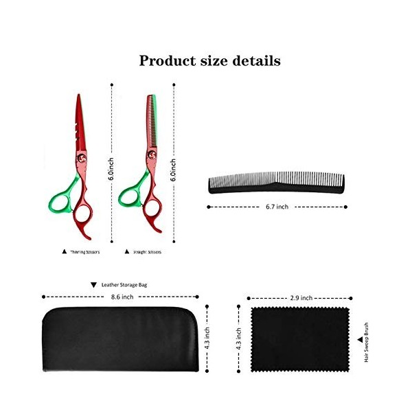 RIJPEX Kit de ciseaux de coupe de cheveux 6,0 pouces vert rouge coiffure et ciseaux de coiffure coupe plate ciseaux à franges