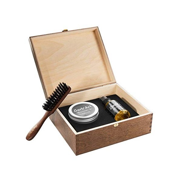 BarbArt - Coffret Cadeau en bois - Entretien de la Barbe - Huile à Barbe 50 ml, Baume à Barbe & Brosse à Barbe