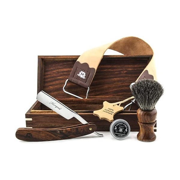 Haryali London Cut Throat Razor Kit - 5pc Shaving Kit- Straight Razor - Badger Shaving Brush - Leather Strop - Honing Compoun