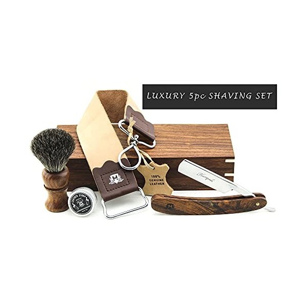 Haryali London Cut Throat Razor Kit - 5pc Shaving Kit- Straight Razor - Badger Shaving Brush - Leather Strop - Honing Compoun