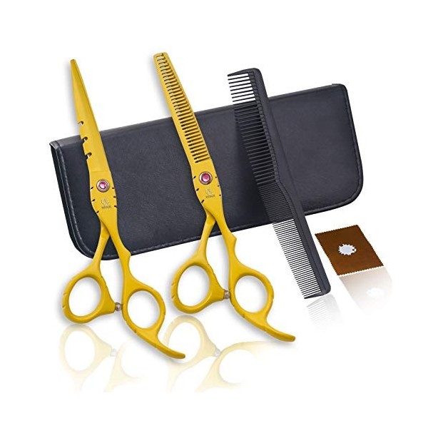 Ensemble de ciseaux de coupe de cheveux de coiffeur 6,0 pouces dents plates jaunes