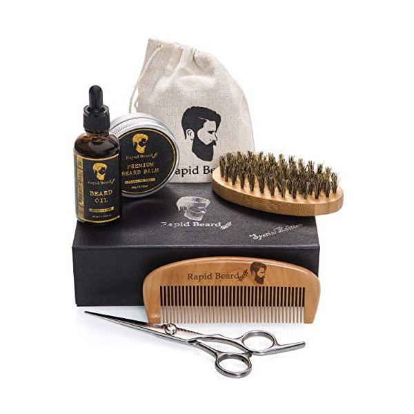 Kit Barbe Entretien et Soin pour Homme – Brosse en Soies Poils de Sanglier Naturel, Peigne, Huile à Moustache, Baume Cire Pom