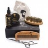 Kit Barbe Entretien et Soin pour Homme – Brosse en Soies Poils de Sanglier Naturel, Peigne, Huile à Moustache, Baume Cire Pom