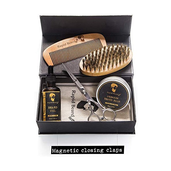 Kit Barbe Entretien et Soin pour Homme – Brosse en Soies Poils de Sanglier Naturel, Peigne, Huile à Moustache, Baume Cire Pom