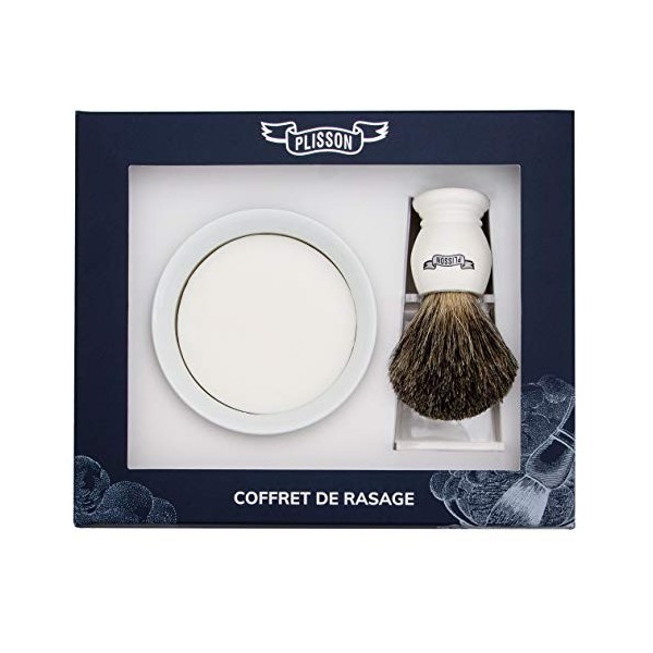 Plisson Coffret Rasage Blaireau Blanc Nacré en Poil Naturel Gris Taille 12 Support Bol Savon