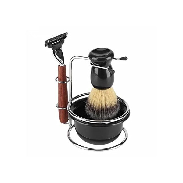 WWWFZS 4 pièces Ensemble de Rasage de Barbe pour Hommes Rasoir Manuel + Support de Support en Acier Inoxydable + Brosse + Bol