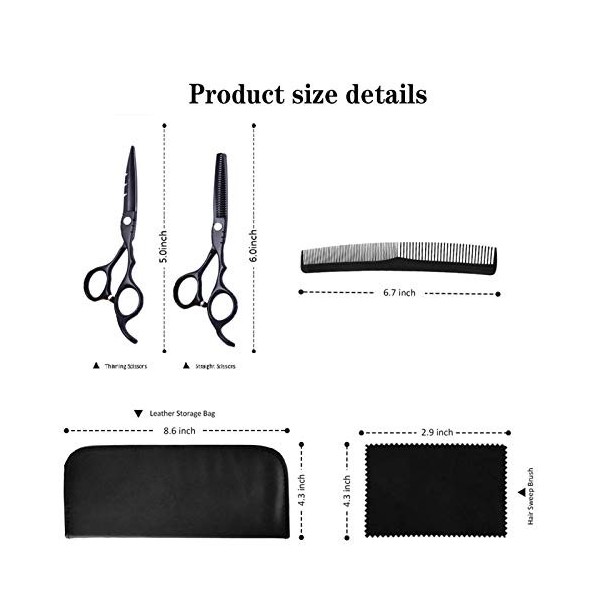 Kit de ciseaux de coupe de cheveux 6,0 pouces en acier inoxydable noir Ciseaux de coupe de cheveux Coupe plate Frange Ciseaux