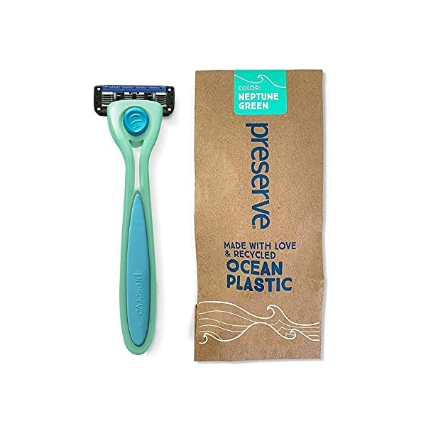 Preserve Système de rasoir POPi Shave 5 fabriqué en plastique recyclé océan et cartouche à 5 lames, vert Neptune