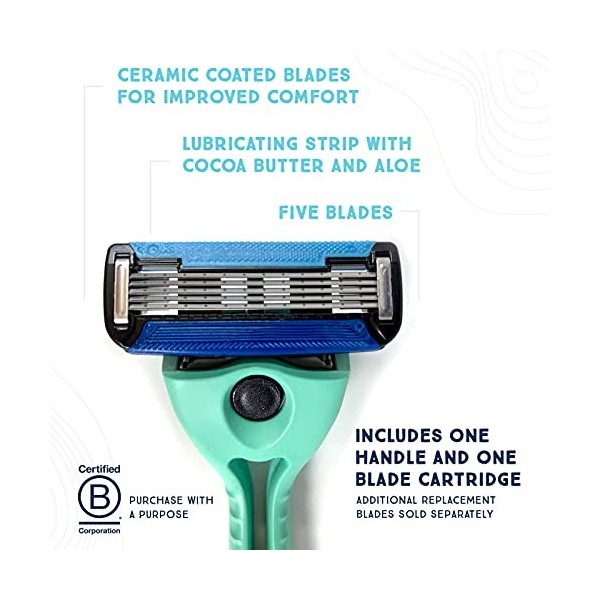 Preserve Système de rasoir POPi Shave 5 fabriqué en plastique recyclé océan et cartouche à 5 lames, vert Neptune