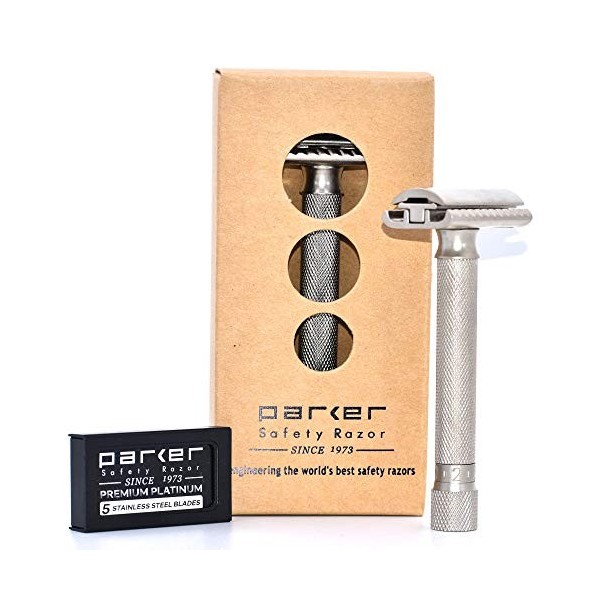 Parker Safety Razor Parker Variant de sécurité réglable Double Edge rasoir et 5 disques haut de gamme - satin Chrome