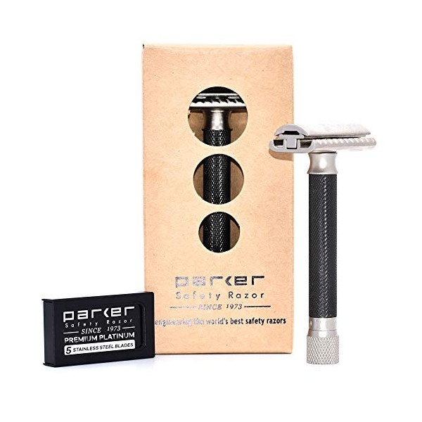 Parker Safety Razor Parker Variant de sécurité réglable Double Edge rasoir et 5 disques haut de gamme - satin Chrome