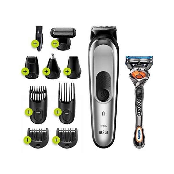 Braun MGK7221, Kit de tondeuse 10 en 1, 8 accessoires et rasoir Gillette Fusion5 ProGlide