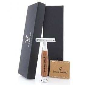 Jag Shaving Germany Kit de rasage 5 pièces avec blaireau en poils de blaireau et support en cuir pour rasoir de sûreté