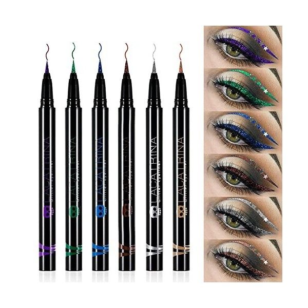 DELANCI Eyeliner Pailletée Liquide Coloré,Eyeliner Waterproof 6 Couleurs High Pigment Metallic Satin Eyeliner Couleur, Longu