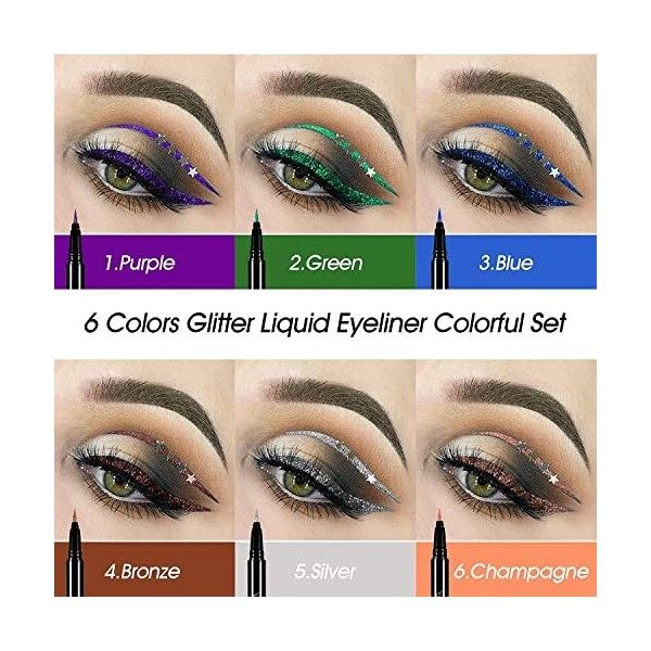 DELANCI Eyeliner Pailletée Liquide Coloré,Eyeliner Waterproof 6 Couleurs High Pigment Metallic Satin Eyeliner Couleur, Longu