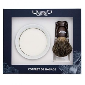 PLISSON Coffret Rasage Blaireau Marron Nacré en Poil Naturel Gris Taille 12 Support Bol Savon