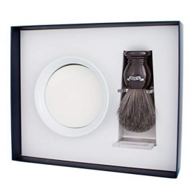 PLISSON Coffret Rasage Blaireau Marron Nacré en Poil Naturel Gris Taille 12 Support Bol Savon