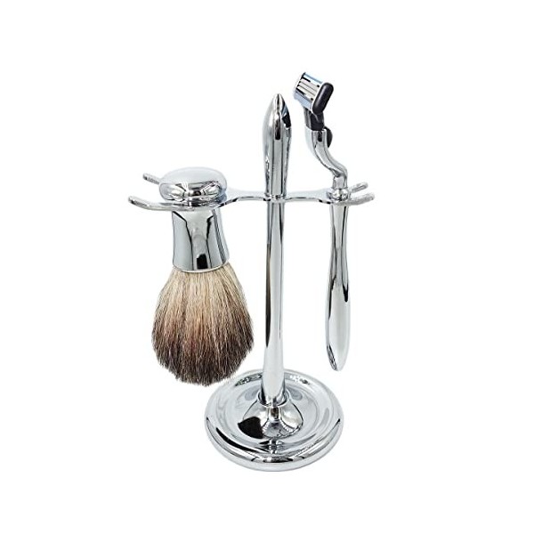 GHQYP Pratique Supports de Brosse de Rasoir en Argent, Brosse Naturelle pour Hommes, Poils de Blaireau purs, poignées chromée