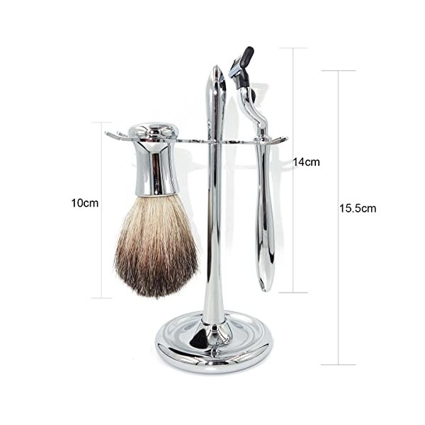 GHQYP Pratique Supports de Brosse de Rasoir en Argent, Brosse Naturelle pour Hommes, Poils de Blaireau purs, poignées chromée