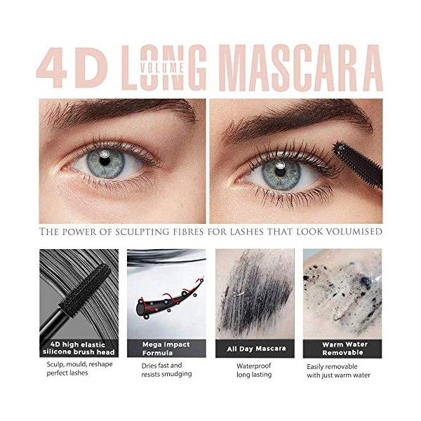 Mascara Waterproof Noir, Mascara Fibre de Soie 4D, Mascara Volume et Longueur, Mascara Noir Waterproof Volume pour plus Longs