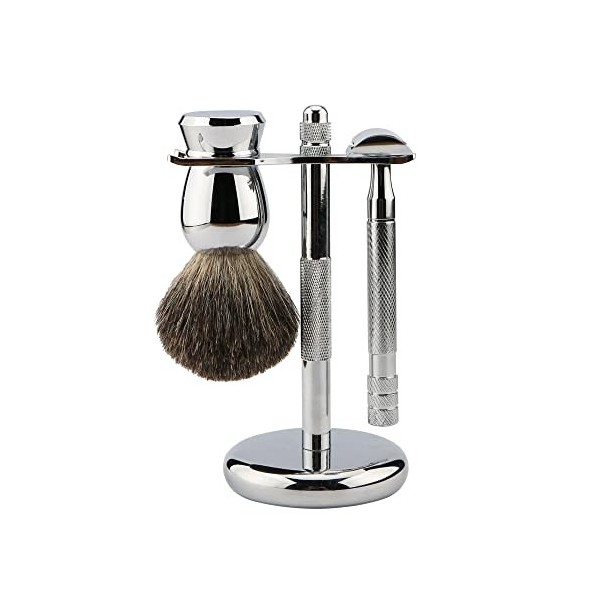 LEFEDA Simple Supports de Brosse de Rasoir de Luxe pour Hommes, 100% Pur Blaireau Manche en métal Support de Blaireau, Ensemb