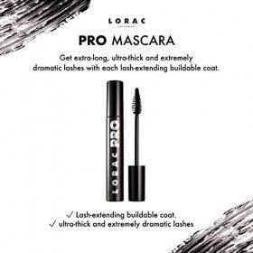 LORAC, LORAC PRO Mascara, Mascara Noir Allongeant et Épaississant, Sans Bavures, Mascara Noir pour un Maquillage Professionne
