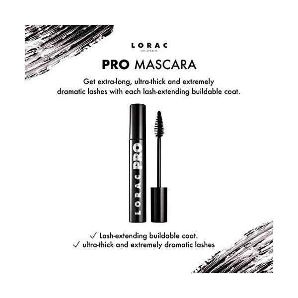 LORAC, LORAC PRO Mascara, Mascara Noir Allongeant et Épaississant, Sans Bavures, Mascara Noir pour un Maquillage Professionne