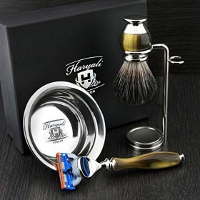 Haryali London Rasage Set 5 Edge Rasage Rasoir, Black Badger Rasage Brosse, Rasoir Stand et Rasage Bol pour Hommes