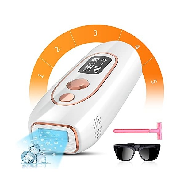 Epilateur Lumière Pulsée avec refroidissement par glace, 999999 Flashs IPL Epilation, 2 Modes 5 Niveaux Dnergie Epilateur Ele