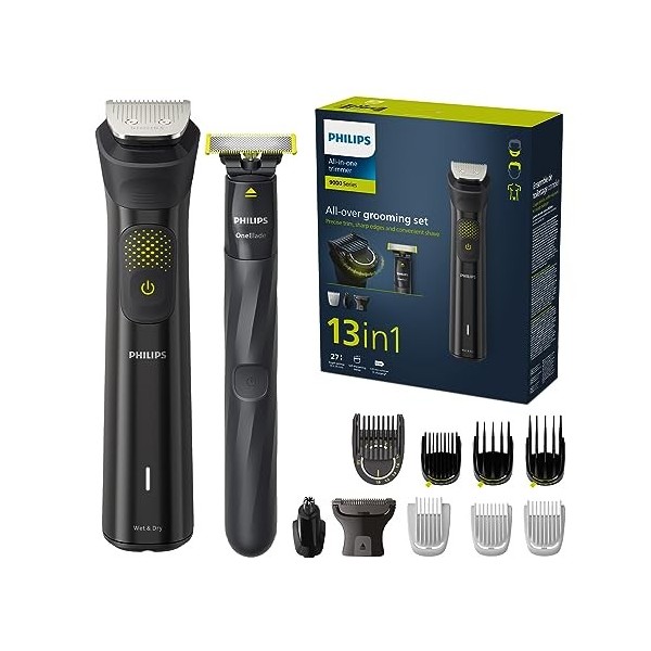 Philips Series 9000 - Tondeuse 13-en-un + OneBlade, kit tondeuse intégral, tonte précise, contours nets, rasage pratique, 27 