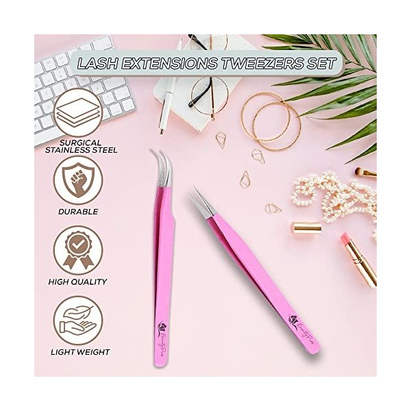 BeautyPros Kit dextension de cils – Pince à épiler droite et incurvée en acier inoxydable – Pince à épiler classique pour ex