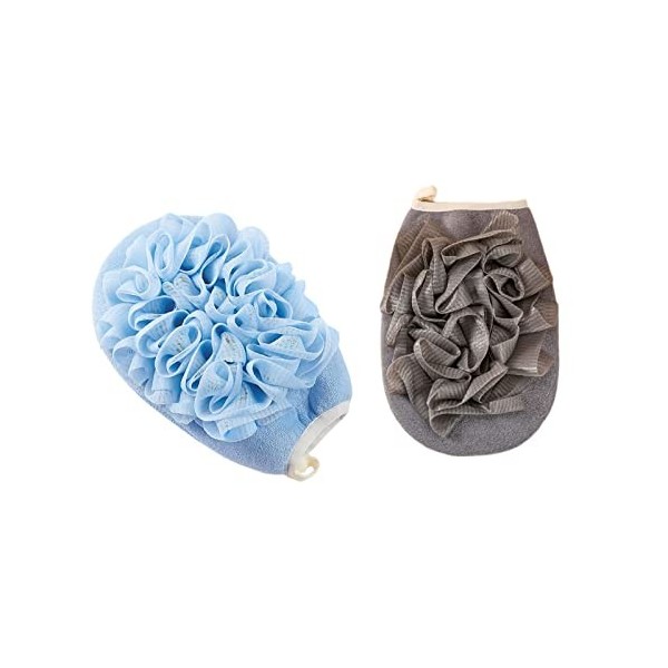 Lot de 2 gants de bain en éponge 2 en 1 exfoliante en maille luffa avec sangle élastique pour femmes, hommes, enfants, salle 