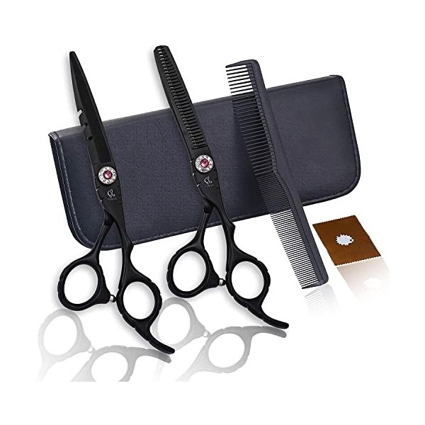 Ensemble de ciseaux de coiffeur Noir 6,0 pouces Kit de ciseaux de coiffure Ciseaux plats en acier inoxydable Ciseaux aminciss