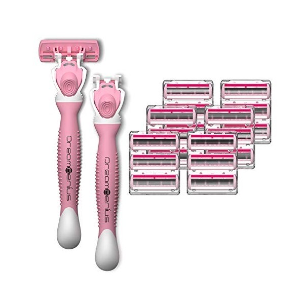 DreamGenius Rasoirs pour femme, 6 lames avec 2 poignées et 19 recharges, lot de rasoirs économiques, transport de voyage anti