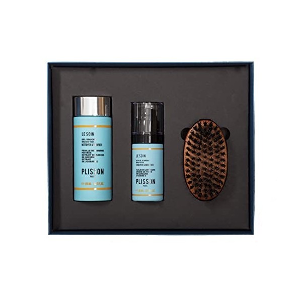 Plisson - Coffret Barbe d’Ange - 1 Gel Douche 3-en-1 + 1 Huile à Barbe + 1 Brosse à Barbe - Nécessaire Entretien Barbe pour H