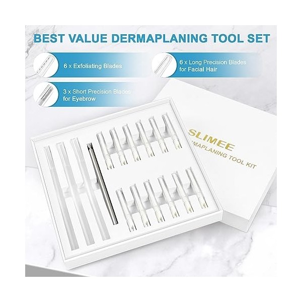 SLIMEE Outil de dermaplaning avec 15 recharges de lames, rasoir Dermaplane pour femme, rasoir à sourcils, micro-lames exfolia