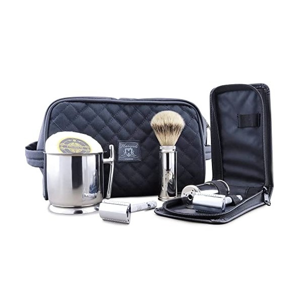 Kit de rasage de voyage avec trousse de toilette en cuir et pochette de protection de voyage + rasoir de sécurité double bord