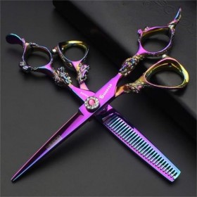 Ciseaux de coiffure professionnels haut de gamme, ensemble violet, ciseaux de coupe de barbier, bouton de réglage fin, 440C e