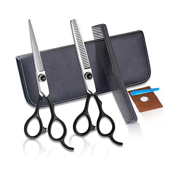 Kit de ciseaux de coupe de cheveux Noir 6,0 pouces Ciseaux de coiffeur Ciseaux à dents à coupe plate Ciseaux amincissants Cis