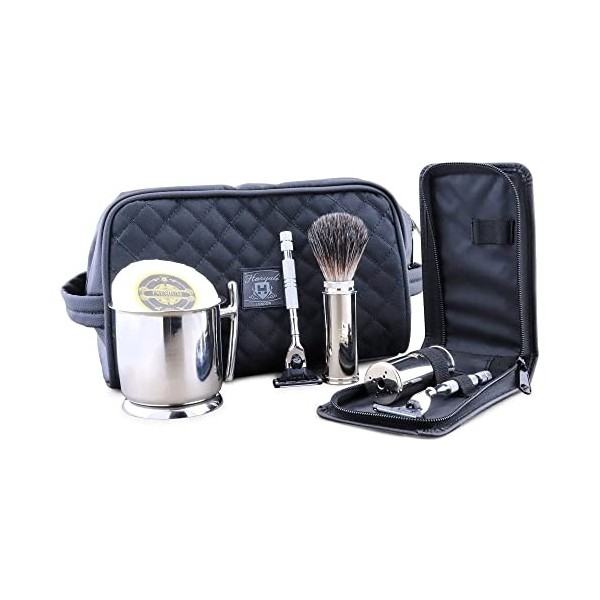 Kit de rasage de voyage avec trousse de toilette en cuir et pochette de protection de voyage rasoirs à 3 bords blaireau en po