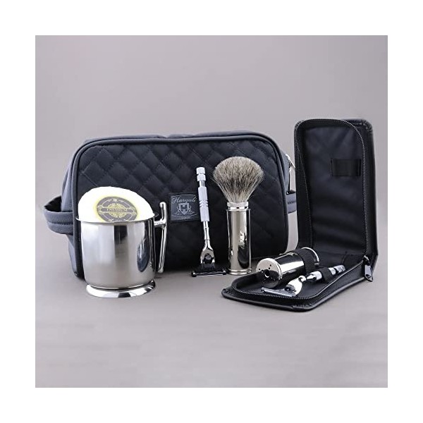 Kit de rasage de voyage avec trousse de toilette en cuir et pochette de protection de voyage + rasoir à 3 bords + blaireau de