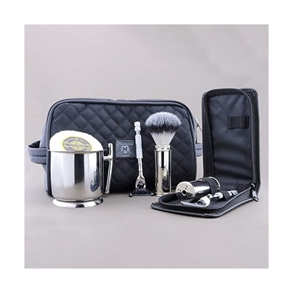 Kit de Rasage de Voyage avec Trousse de Toilette en Cuir et Pochette de Protection de Voyage 3 Rasoirs Blaireau Synthétique A