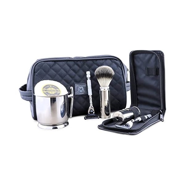 Kit de Rasage de Voyage avec Trousse de Toilette en Cuir et Pochette de Protection de Voyage 3 Rasoirs Blaireau Synthétique A