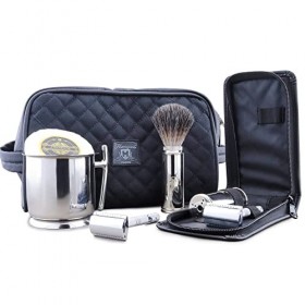 Kit de rasage de voyage avec trousse de toilette en cuir et pochette de protection de voyage + rasoir de sécurité double bord