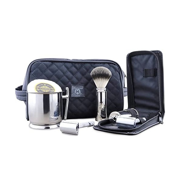 Kit de rasage de voyage avec trousse de toilette en cuir et pochette de protection de voyage rasoir de sécurité double tranch