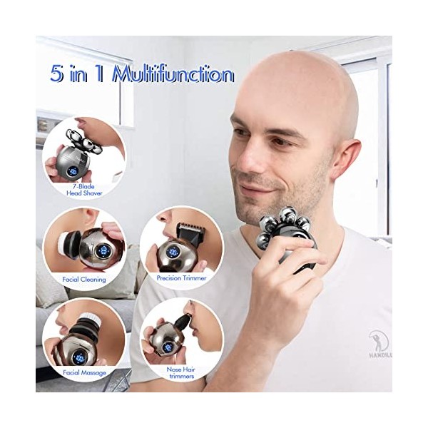 Rasoir électrique pour homme, 5 en 1, rasoir à tête chauve sans fil LED IPX7 étanche à leau et à sec avec tondeuse à barbe, 